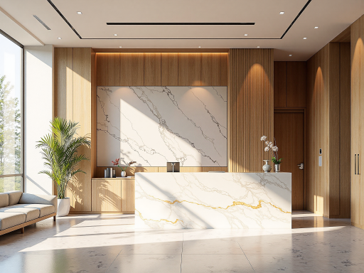 宽敞明亮的办公室接待区域，现代简约装修风格，体现专业办公环境